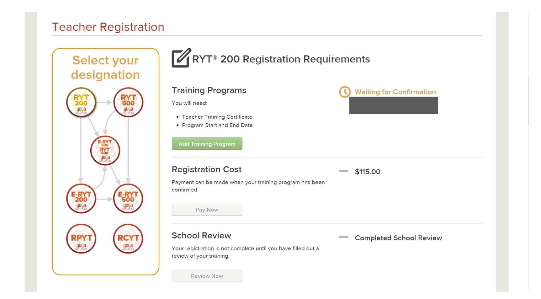全米ヨガアライアンスRYT200の申請登録の手順７支払い画面