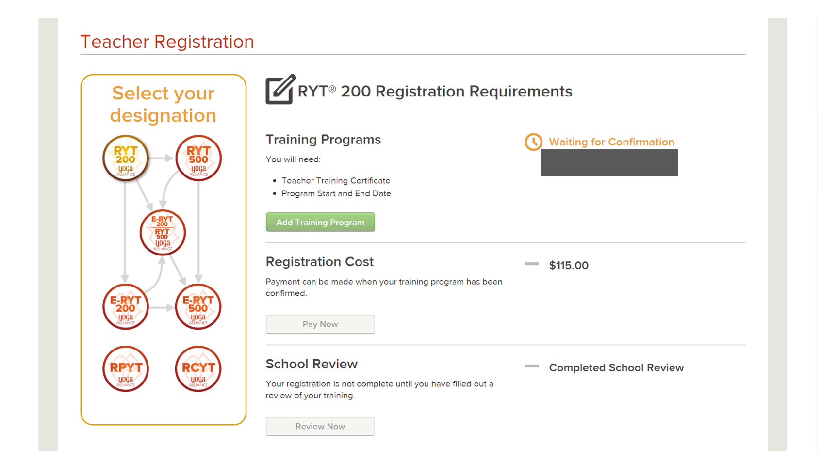 全米ヨガアライアンスRYT200の申請登録の手順７支払い画面